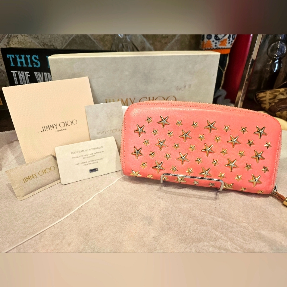 Jimmy Choo FILIPA Star Studded Pink zip Around Wallet